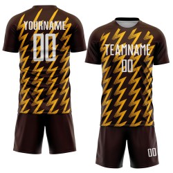Maglia da calcio personalizzata con stampa a sublimazione a zigzag marrone bianco-oro Maglia da calcio personalizzata con stampa a sublimazione a zigzag marrone bianco-oro